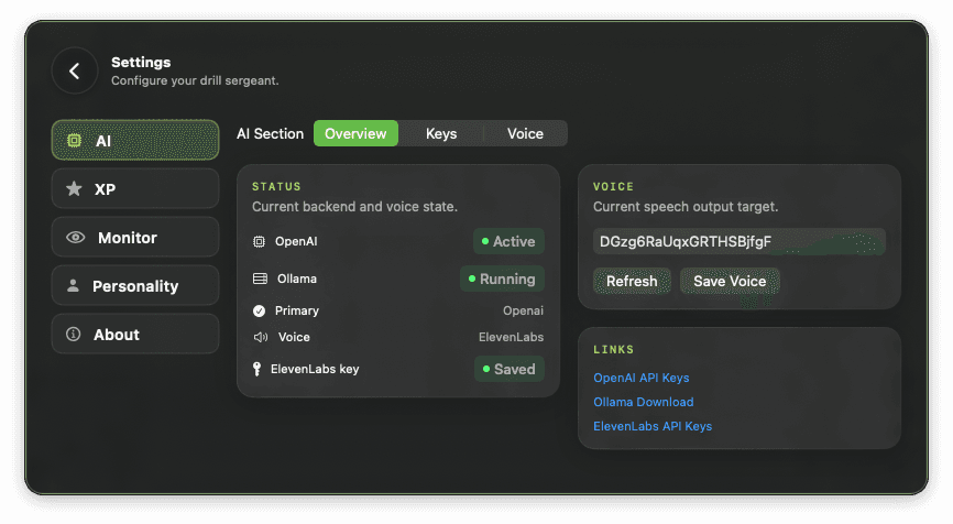 Settings panel